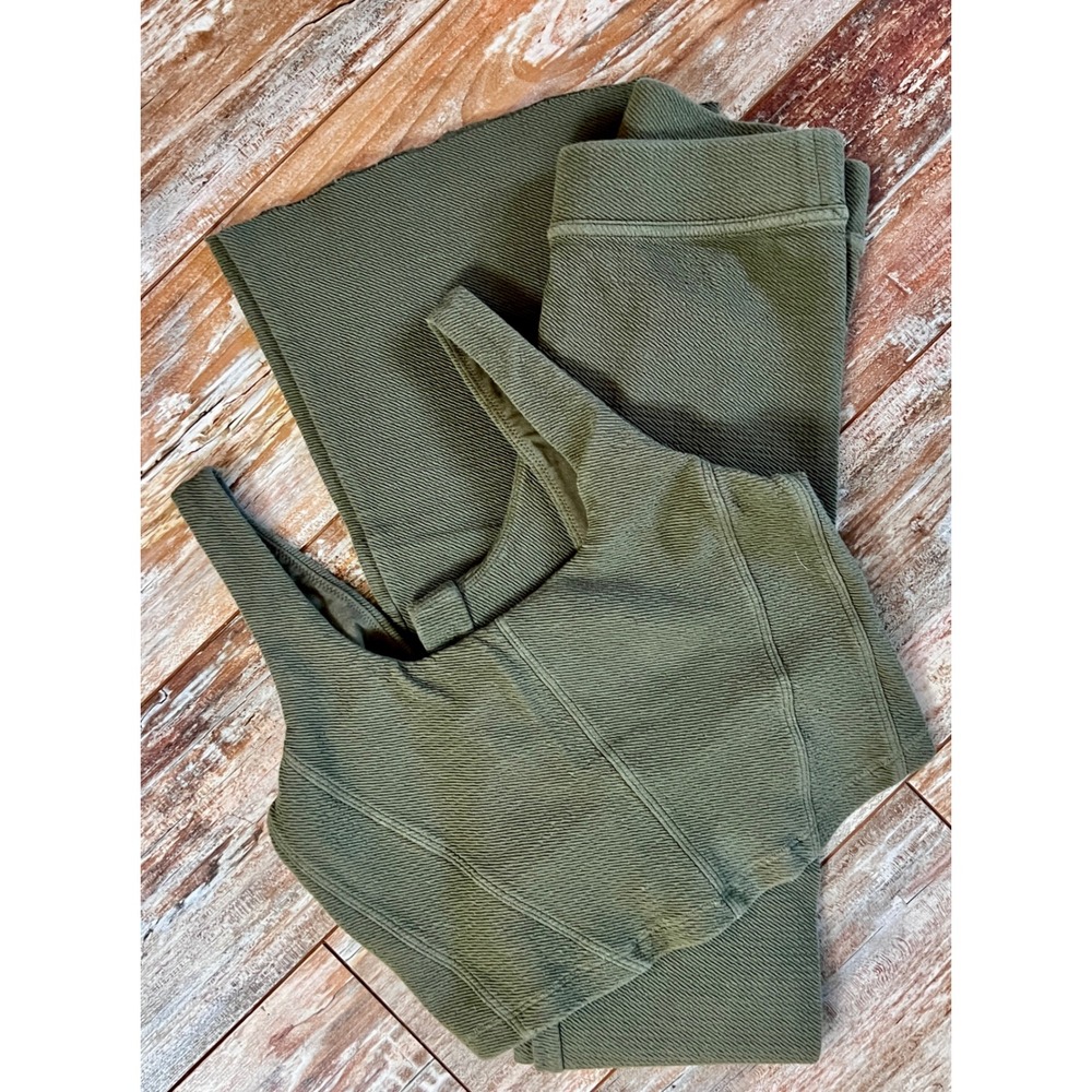 OFFLINE by Aerie Ribbed Flare Leggings and Corset Crop Top Set Olive Green Small